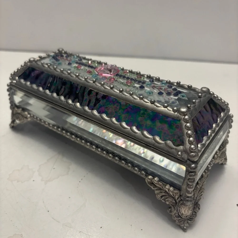Jewel Encrusted Treasure Jewelry Box, Stained Glass, Desk Accessory, Trinket Box